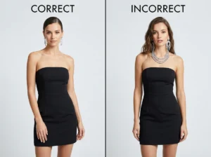 ight versus wrong jewelry approach for black strapless mini dress — one focal point correct versus competing jewelry incorrect
