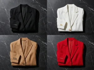 jacket color guide for black strapless mini dress showing black white camel and bold color blazer options