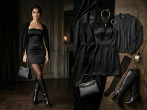 NoirMuse Black Strapless Mini Dress with complete layering pieces for cooler months