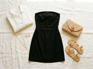Summer accessories for black strapless mini dress — gold sandals, raffia clutch, gold jewelry and linen cover-up flat lay