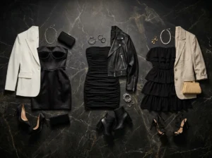 NoirMuse black strapless mini dress collection paired with matching jackets satin with blazer ruched with leather jacket chiffon with linen blazer