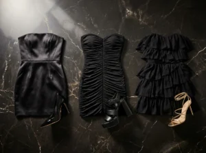 NoirMuse black strapless mini dress collection paired with matching shoes bodycon ruched and ruffle styles