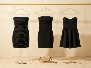 NoirMuse summer black strapless mini dress collection — ruched tube, bandeau and A-line styles for beach and party occasions