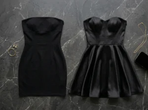 black strapless bodycon mini dress and black strapless A-line mini dress comparison on dark marble