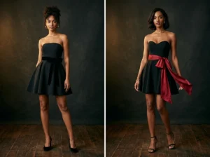 Black strapless mini dress styled with velvet ribbon sash and contrast colour fabric sash tied at the natural waist