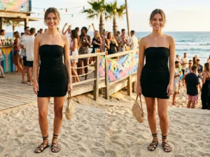Black ruched tube strapless mini dress styled for a beach party with flat sandals and woven clutch