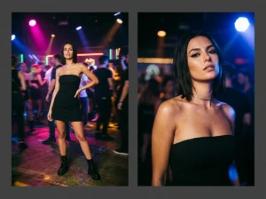 sexy black mini dress night out worn on a dance floor with dramatic club lighting