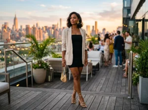 Black bandeau strapless mini dress styled for a rooftop summer party with block heels and linen blazer