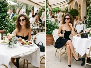 cat eye sunglasses with black mini dress
