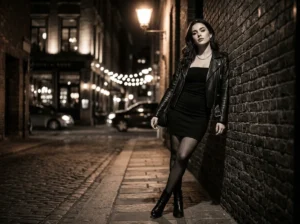 Date night layering outfit with black strapless mini dress and leather jacket