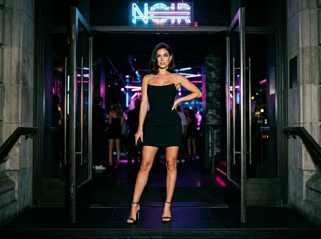 black strapless mini dress for clubbing worn by a woman at a nightclub entrance Black Strapless Mini Dress for Clubbing & Night Out