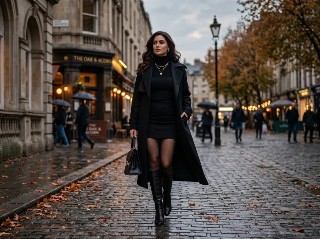 Black strapless mini dress layered for cooler months with trench coat and turtleneck - NoirMuse styling tips