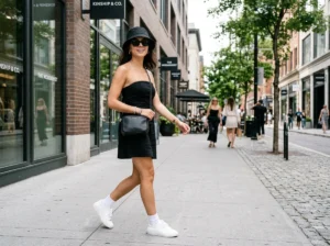 wide brim straw hat with black strapless mini dress