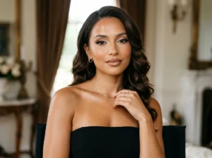 soft glam makeup with black mini dress