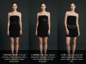Belt placement guide for black strapless mini dress — natural waist, empire line and hip positions compared